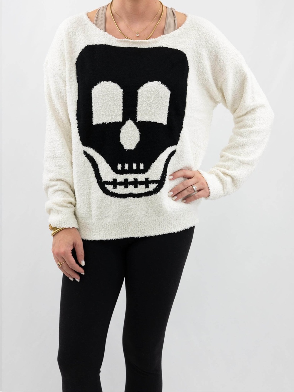 Fantastic Fawn White Crewneck Sweater with Black Skull Graphic